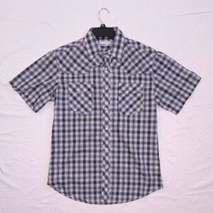 Wrangler Wrancher Plaid Gray Blue White Cotton Button-Up Short Sleeve Shirt M